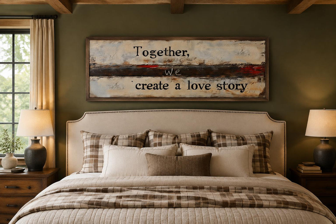 Above bed wall art featuring the quote "Together, we create a love story" on a textured canvas.