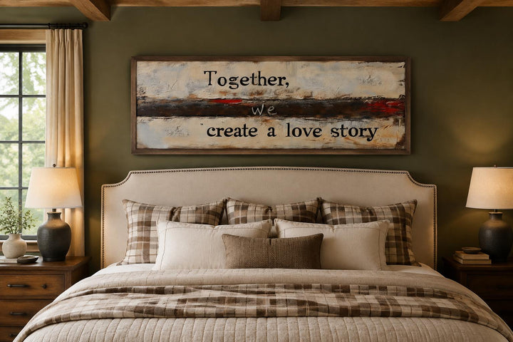 Above bed wall art featuring the quote "Together, we create a love story" on a textured canvas.