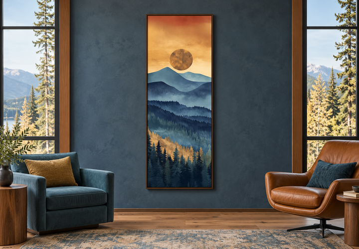 Tall narrow vertical canvas wall art featuring a mountain sunset in a modern living room.