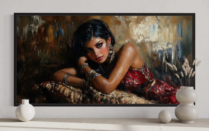 Beautiful Sexy Brunette Woman In Red Dress Framed Canvas Wall Art close up