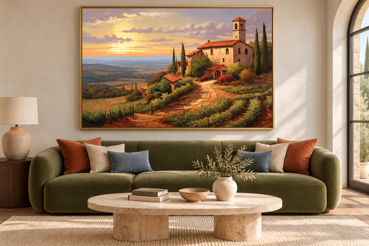 Rolling Hills of Tuscany Italy framed canvas wall art above a green sofa in a living room.