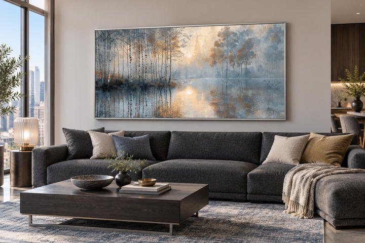 Birch Trees Wall Art in silver and gold tones hanging above a modern charcoal sofa in a living room.