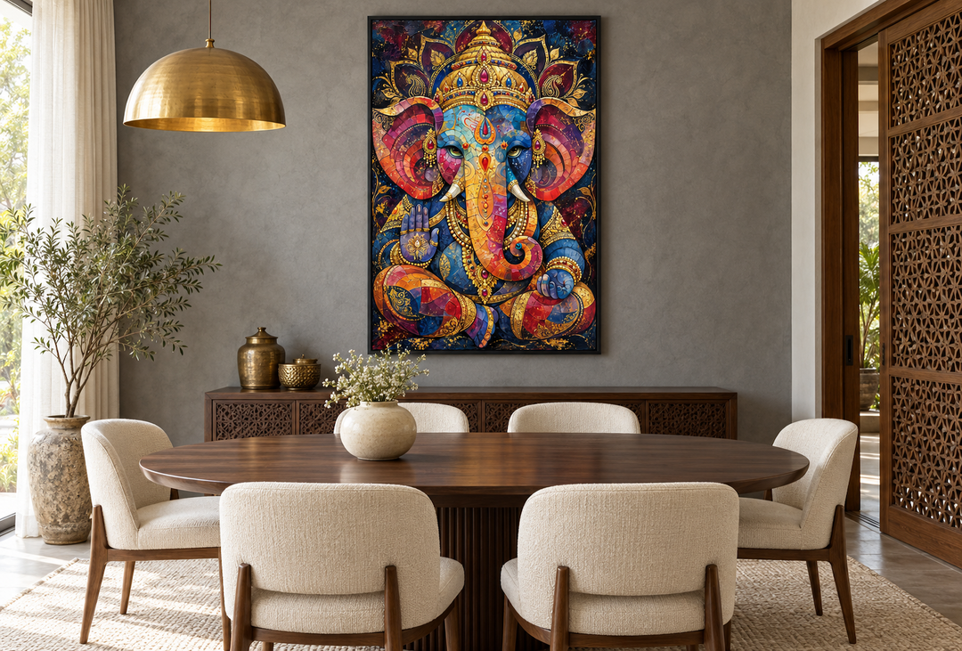 Colorful modern Lord Ganesha framed canvas wall art hanging in a contemporary dining room.