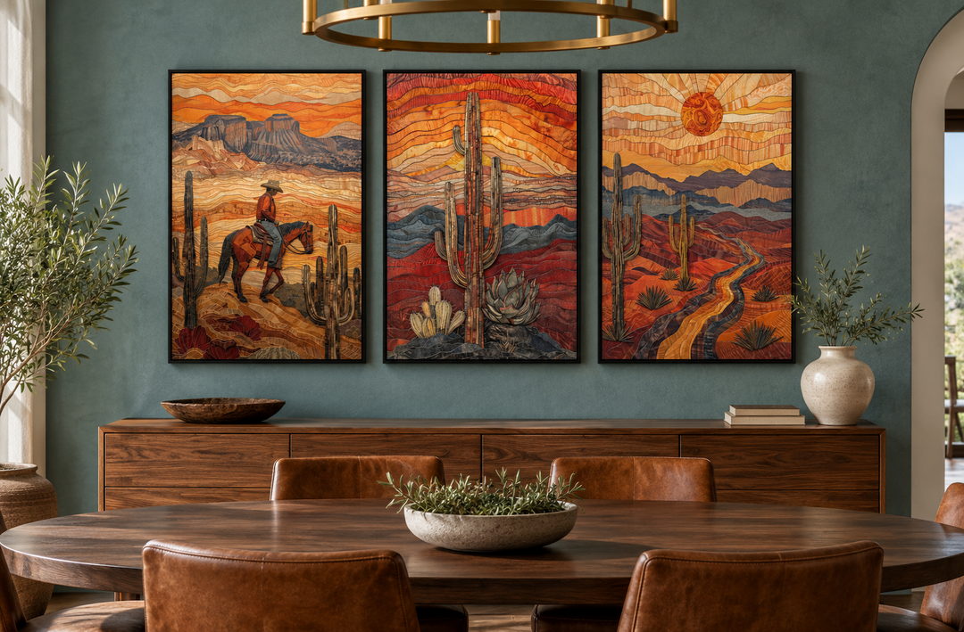 3 piece southwestern canvas wall art set featuring a cowboy, saguaro cactus, and Arizona desert.