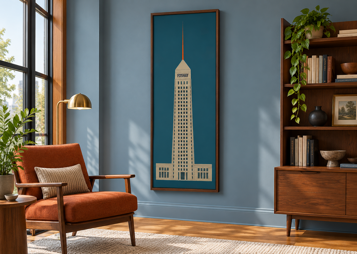 Tall vertical minimalist art of the Foshay Tower in a walnut frame on a blue wall.