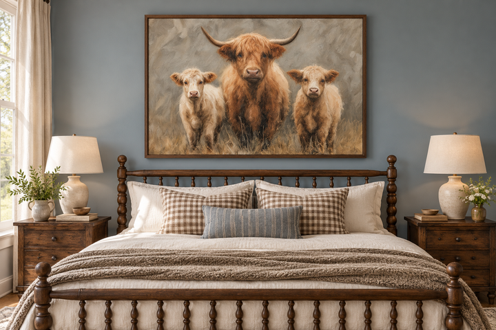 Highland Cow and Two Calves canvas wall art in a walnut frame above a bed in a farmhouse bedroom.