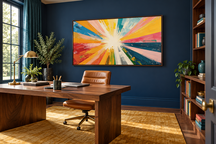 Boho sun rays abstract multicolored framed canvas print on a navy blue wall in a home office.