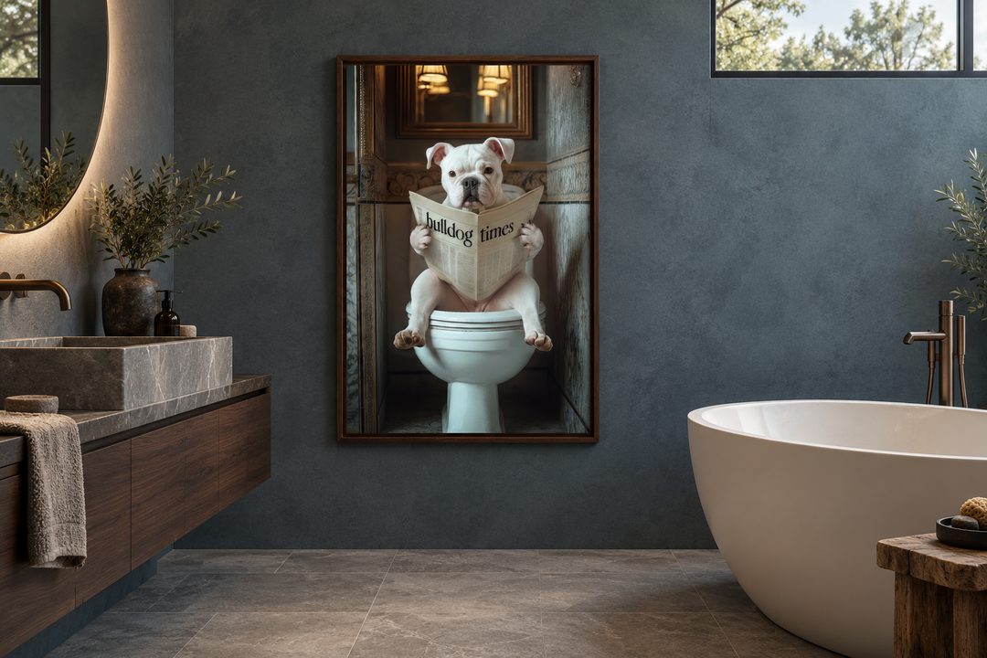Framed wall art of an American Bulldog reading a newspaper on a toilet in a modern bathroom.