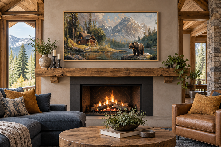 Framed canvas wall art of a bear near a rustic mountain cabin above a cozy fireplace.