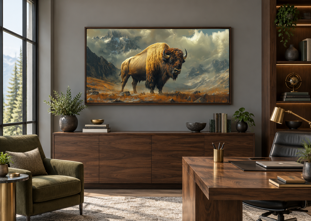 American Bison in Mountains framed canvas wall art displayed in a modern home office setting.