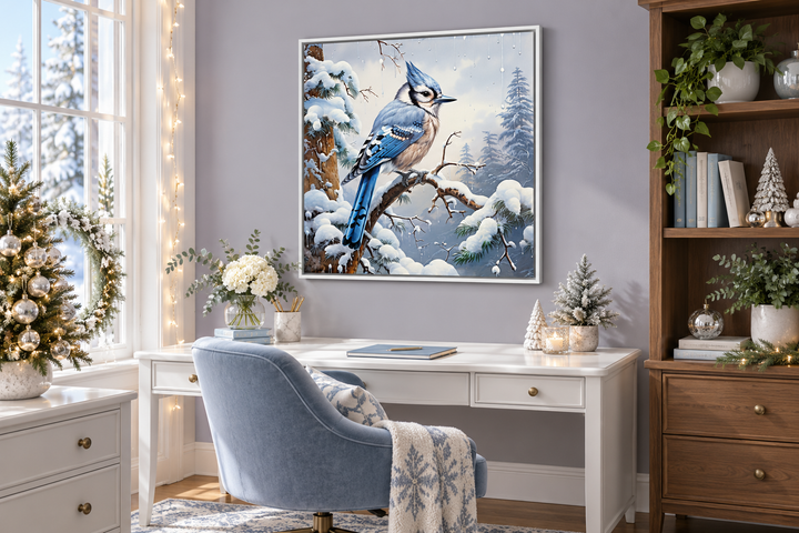 Blue Jay In Snow Winter Framed Canvas Wall Art For Christmas Decor