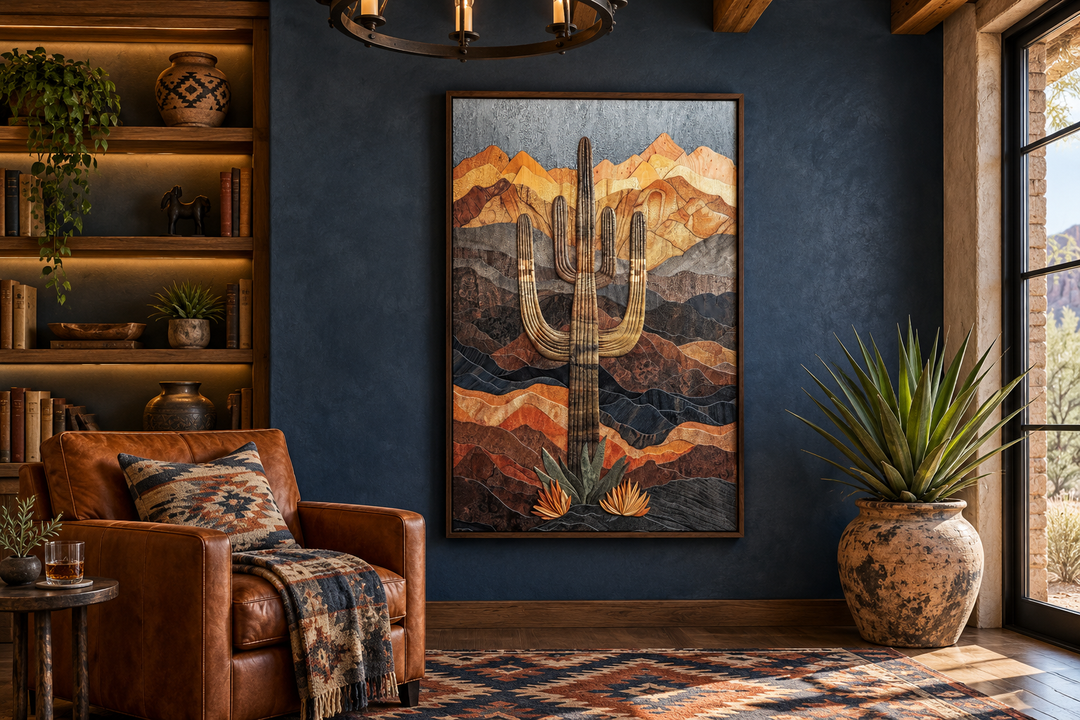 Saguaro cactus in the desert wood style southwestern wall art in a dark blue room with leather chair.