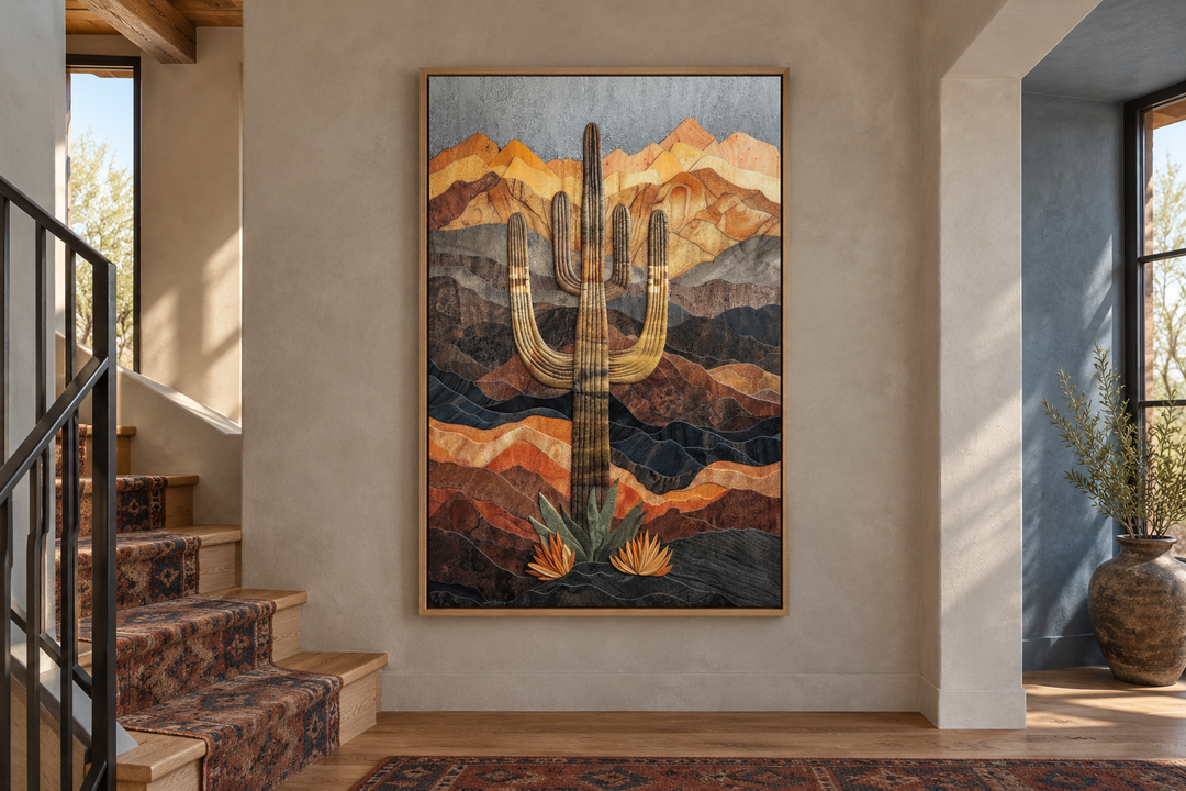 Saguaro cactus wood-style wall art in an oak frame hanging on a neutral wall by a staircase.