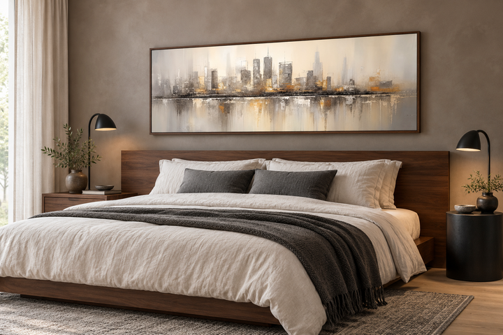 Gold and silver abstract Chicago skyline horizontal wall art in a walnut frame above a bed.