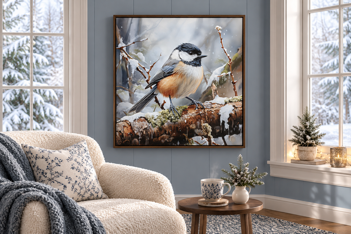 Toile encadrée représentant une mésange dans la neige en hiver 