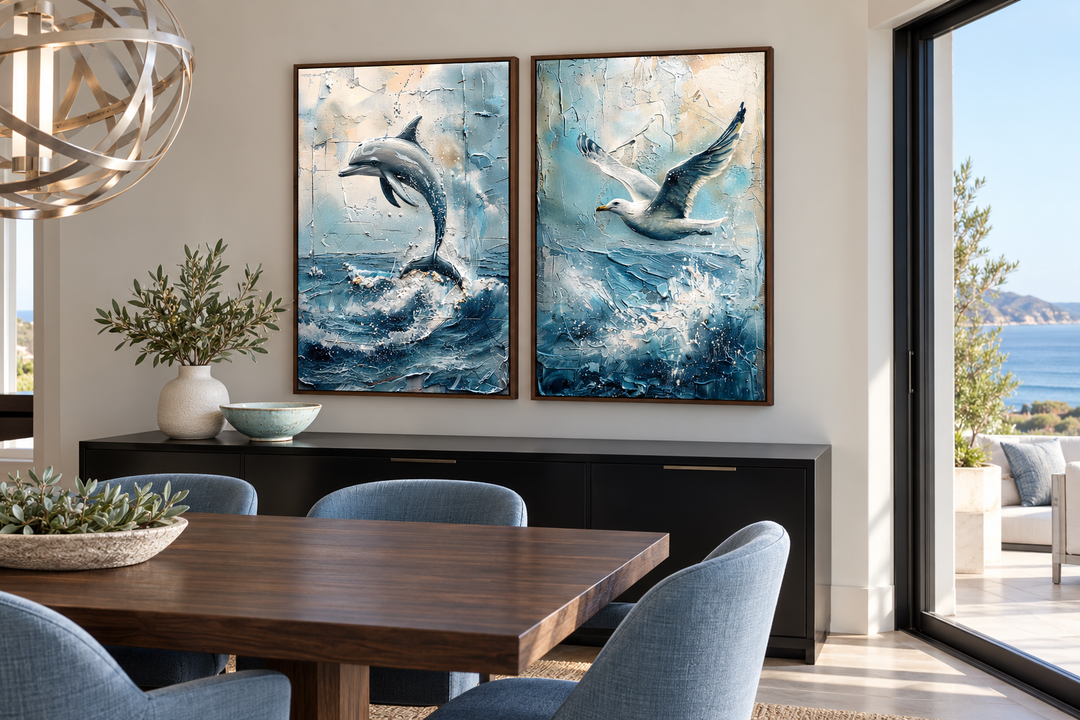 Set of 2 abstract coastal framed canvas wall art featuring a leaping dolphin and a flying seagull.