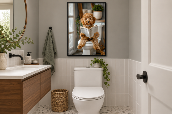 Framed wall art of a Cockapoo dog sitting on a toilet reading a newspaper in a modern bathroom.