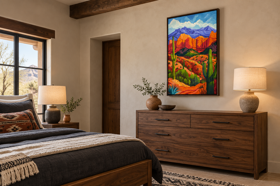 Colorful desert and saguaro cactus framed canvas wall art hanging in a southwestern style bedroom.