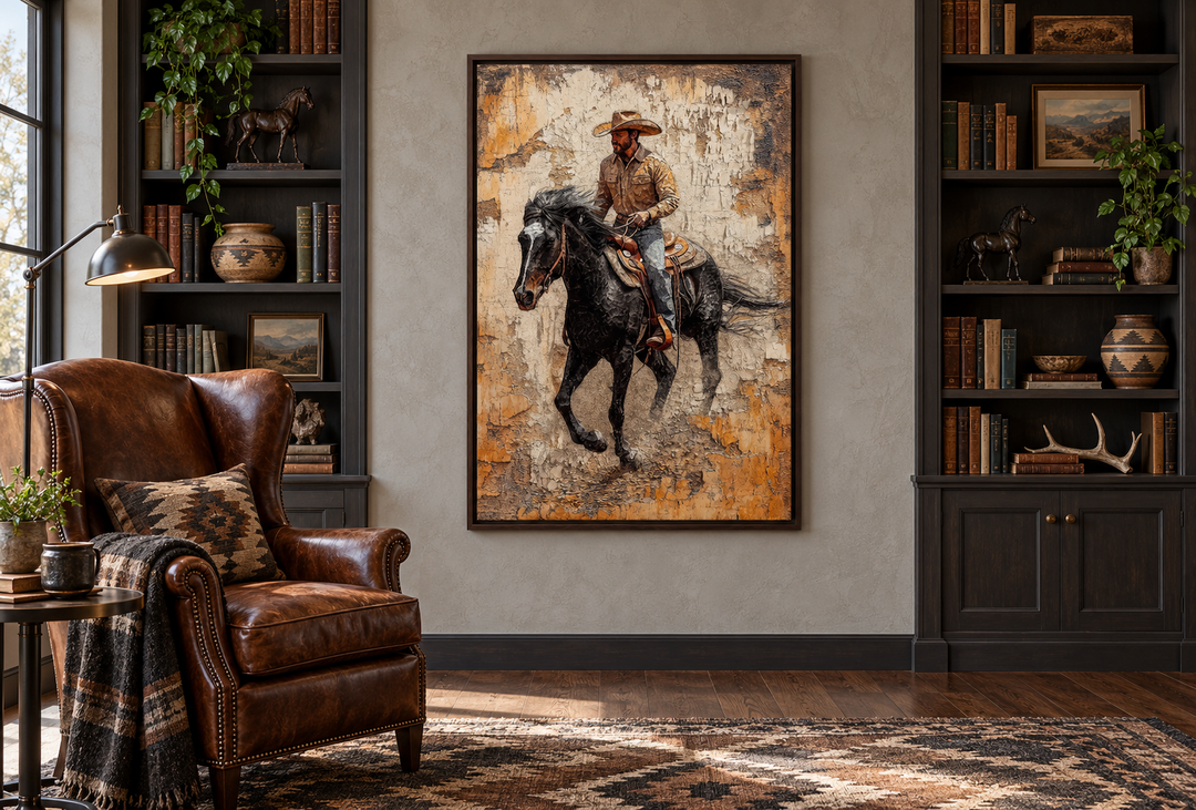 Cowboy on horseback canvas wall art in a rustic study with leather chair and dark bookshelves.