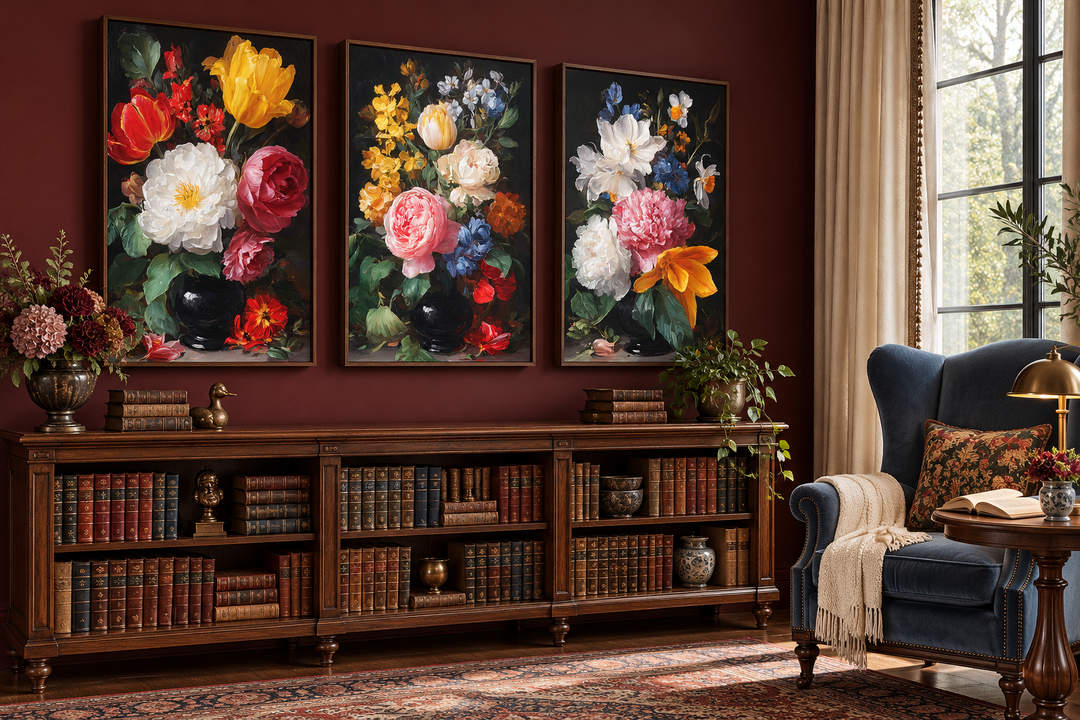 Set of 3 dark academia botanical floral canvas prints in black frames above a wooden bookshelf.
