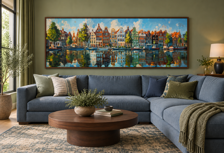 Dutch Houses And Canal Panoramic Framed Canvas Wall Art