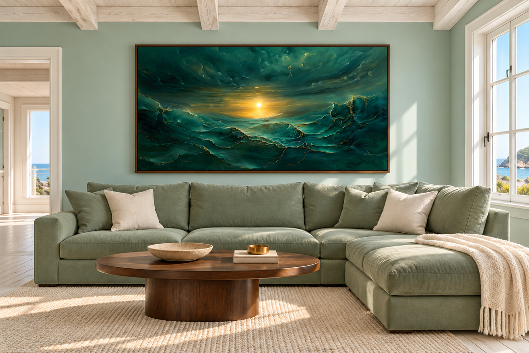 Abstract emerald green and gold ocean wave framed canvas art above a sage green sectional sofa.