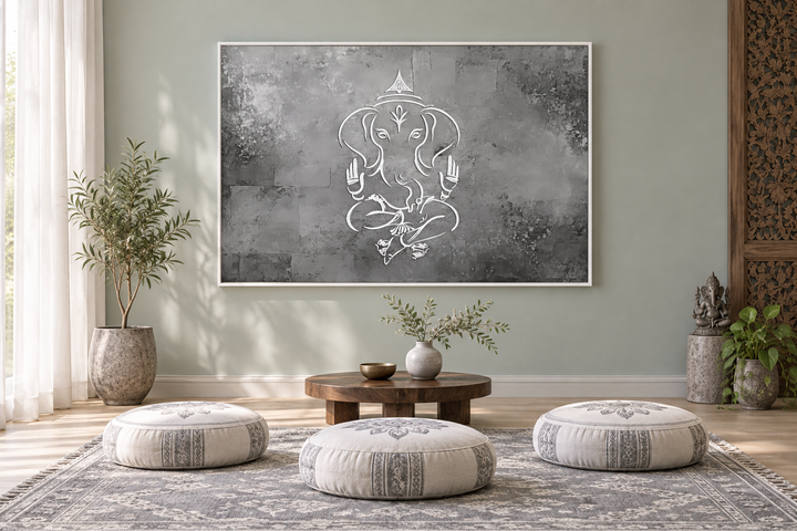 Minimalist Lord Ganesh framed canvas wall art in grey, silver, and white in a zen meditation room.