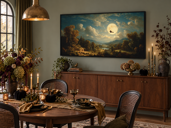 Hexe auf Besen – Halloween-Wandbild – Gotische Vollmondlandschaft