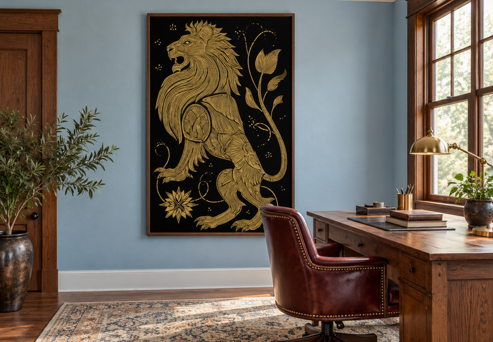Heraldic gold lion canvas print on a black background in a walnut frame above a wooden desk.