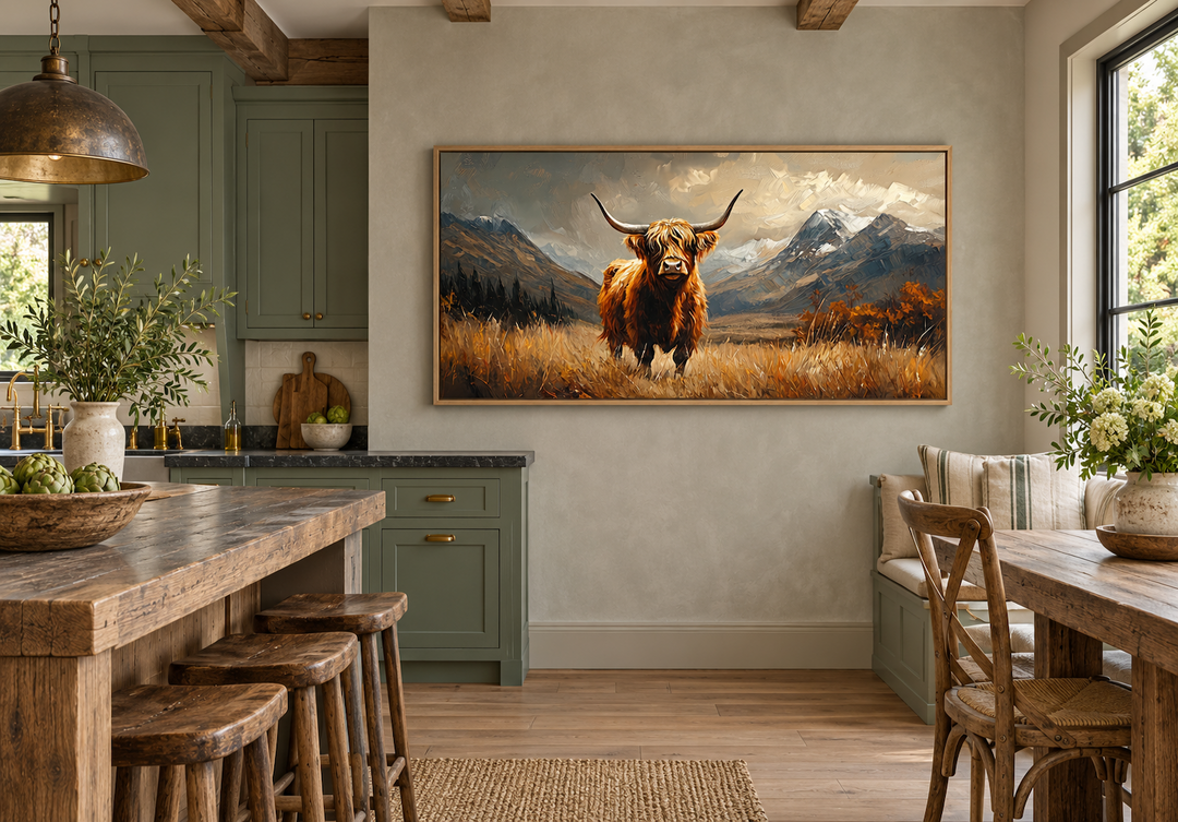 Leinwandbild „Highland Cow“ auf brauner Landschaft, gerahmt