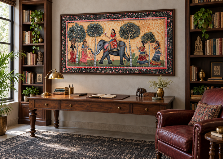 Indian Elephant Madhubani Style Painting Framed Canvas Wall Art above a wooden desk in a library.