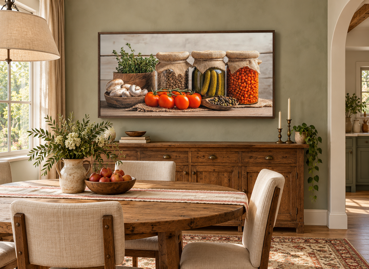 Spices and pickles framed canvas wall art above a wooden sideboard in a rustic dining room.