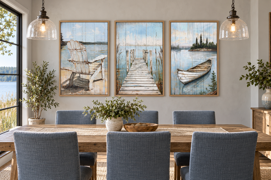 Set of 3 rustic lake house wall art featuring a fishing dock, old boat, and Adirondack chair.