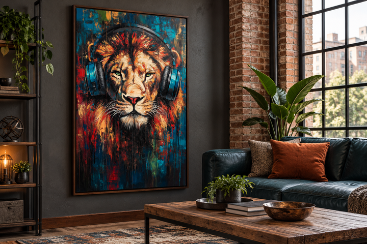 Lion DJ with headphones framed wall art in a modern industrial loft man cave setting.