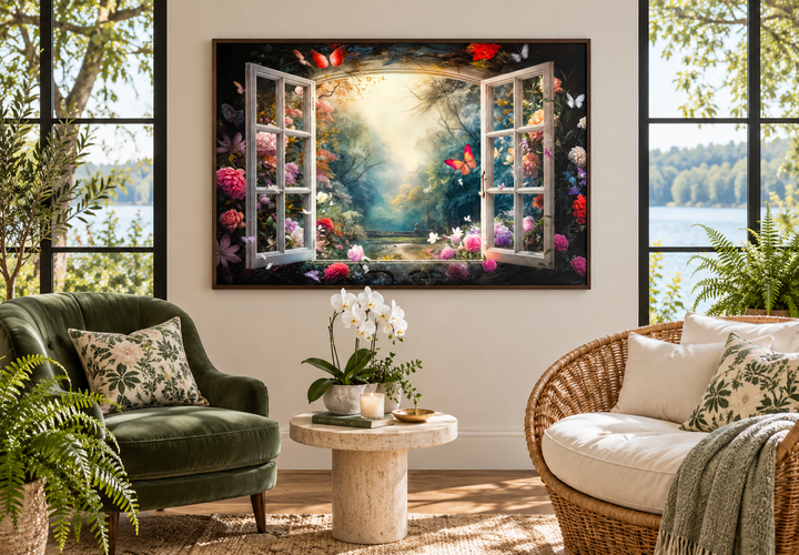 Enchanted forest wall art with an open window view of a sunlit woodland and colorful flowers.