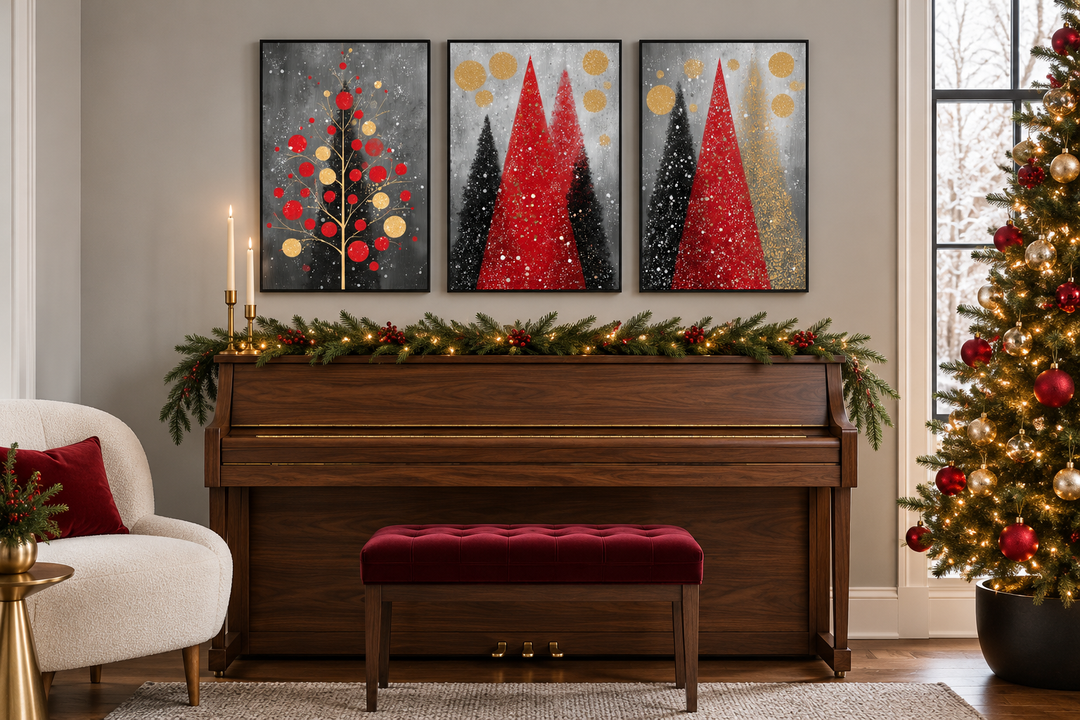 Modern Christmas wall art set of 3 featuring red and black holiday tree canvas prints over a piano.