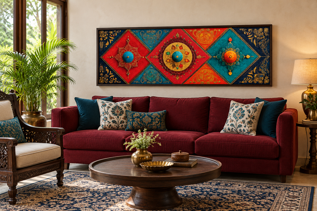 Modern long horizontal canvas wall art with Indian diamond patterns in red and teal jewel tones.