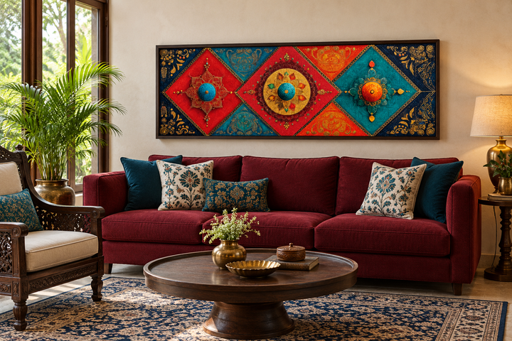 Modern long horizontal canvas wall art with Indian diamond patterns in red and teal jewel tones.