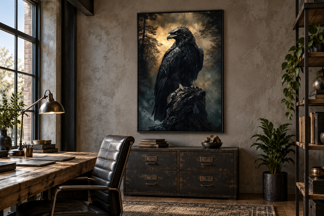 Moody dark gothic eagle framed canvas wall art hanging in a rustic industrial office setting.