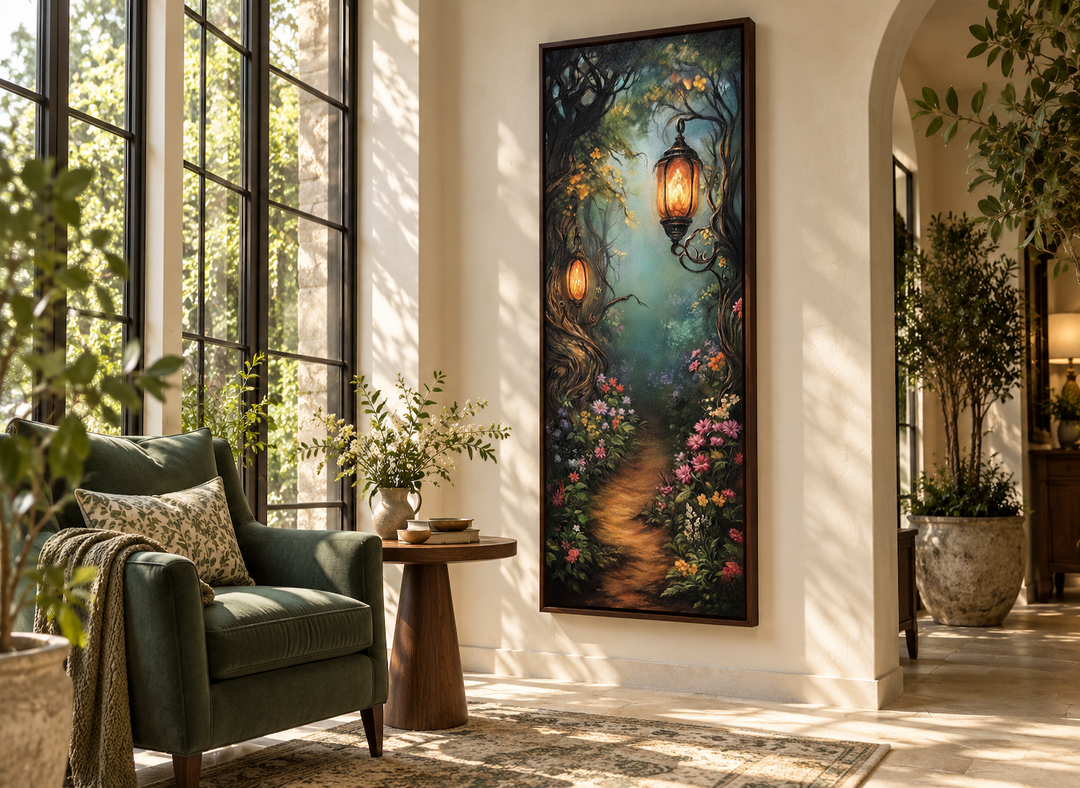 Tall narrow framed wall art of an enchanted forest with a glowing pathway and lanterns.