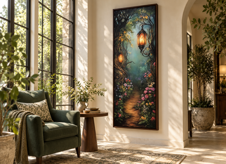 Tall narrow framed wall art of an enchanted forest with a glowing pathway and lanterns.