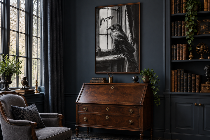Black and white raven wall art with 'Nevermore' text in a dark gothic study above a wooden desk.