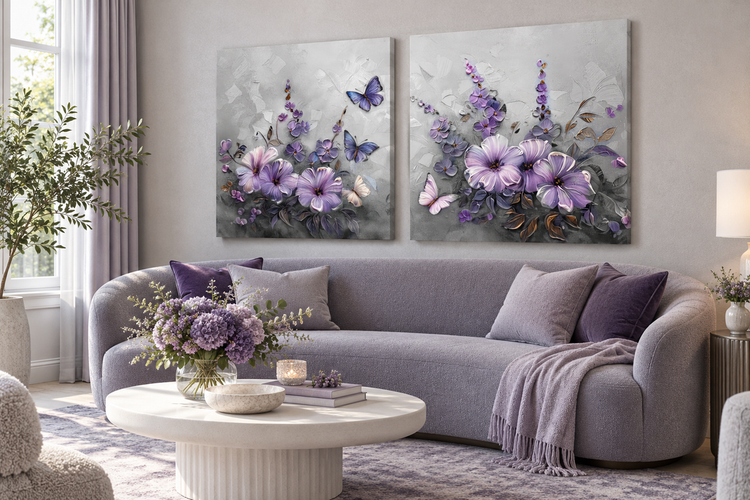 Set of 2 light purple floral canvas prints with lavender blossoms and butterflies above a sofa.