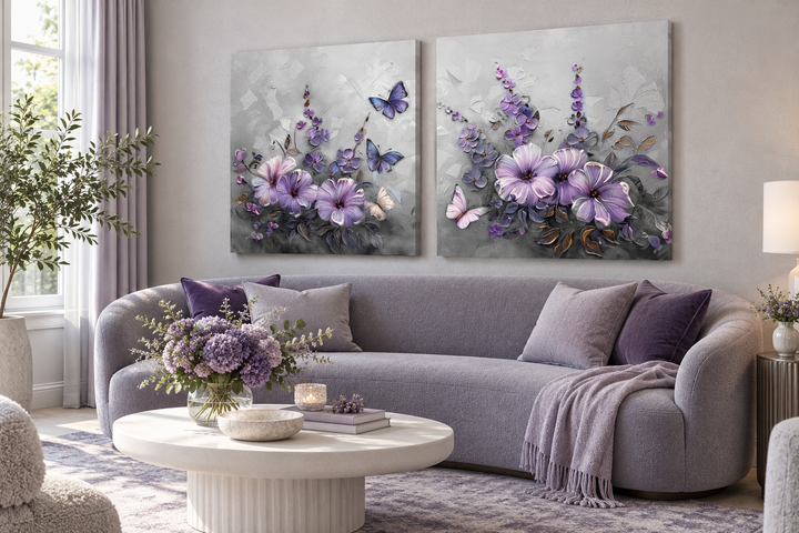 Set of 2 light purple floral canvas prints with lavender blossoms and butterflies above a sofa.