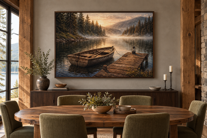 Rustic rowboat painting on canvas above a dining table in a cabin-style room.