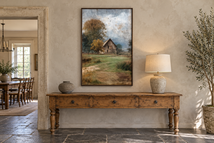 Rustic farmhouse vertical canvas print of a weathered barn in a peaceful countryside landscape.