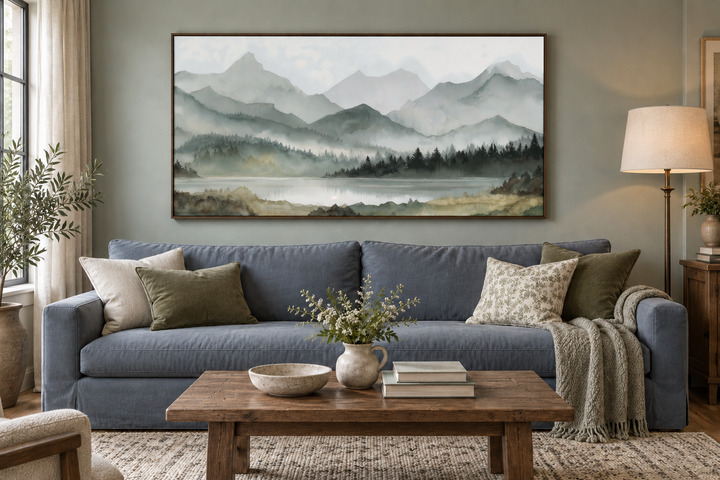 Sage green mountain lake landscape framed canvas wall art above a blue sofa in a living room.