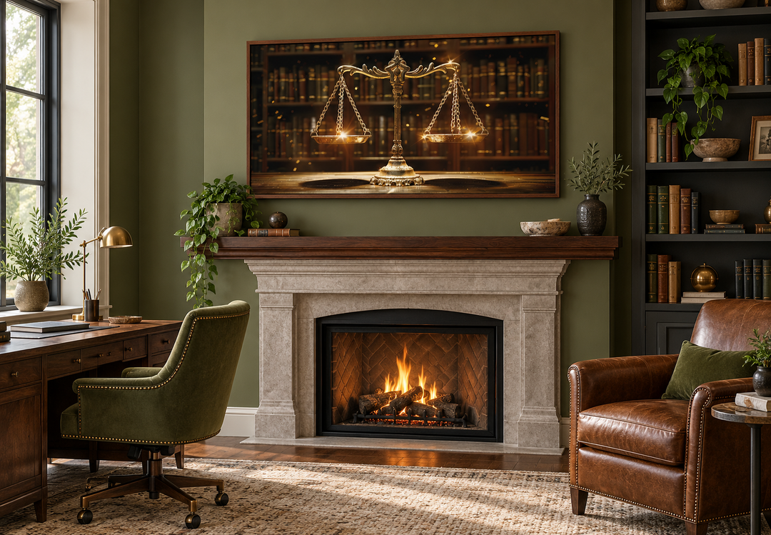 Framed canvas print of golden scales of justice above a fireplace in a law office setting.