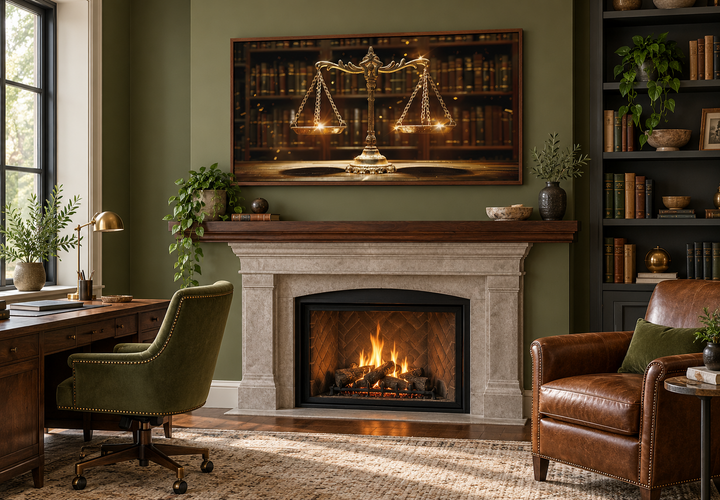 Framed canvas print of golden scales of justice above a fireplace in a law office setting.
