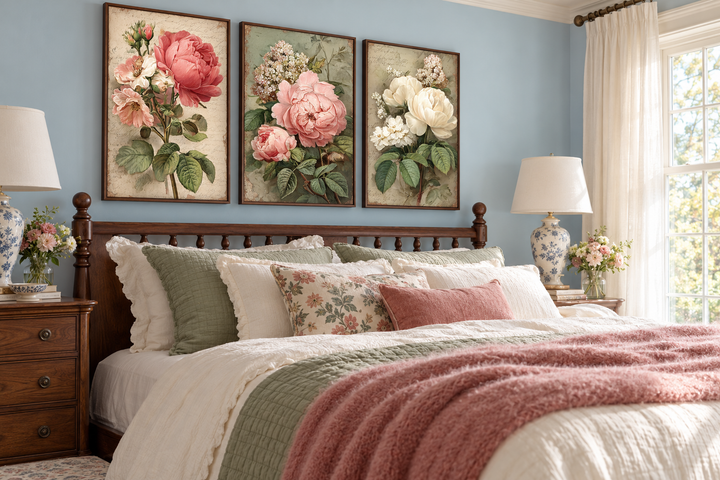 Set of 3 vintage rose botanical wall art prints in dark wood frames above a bed.